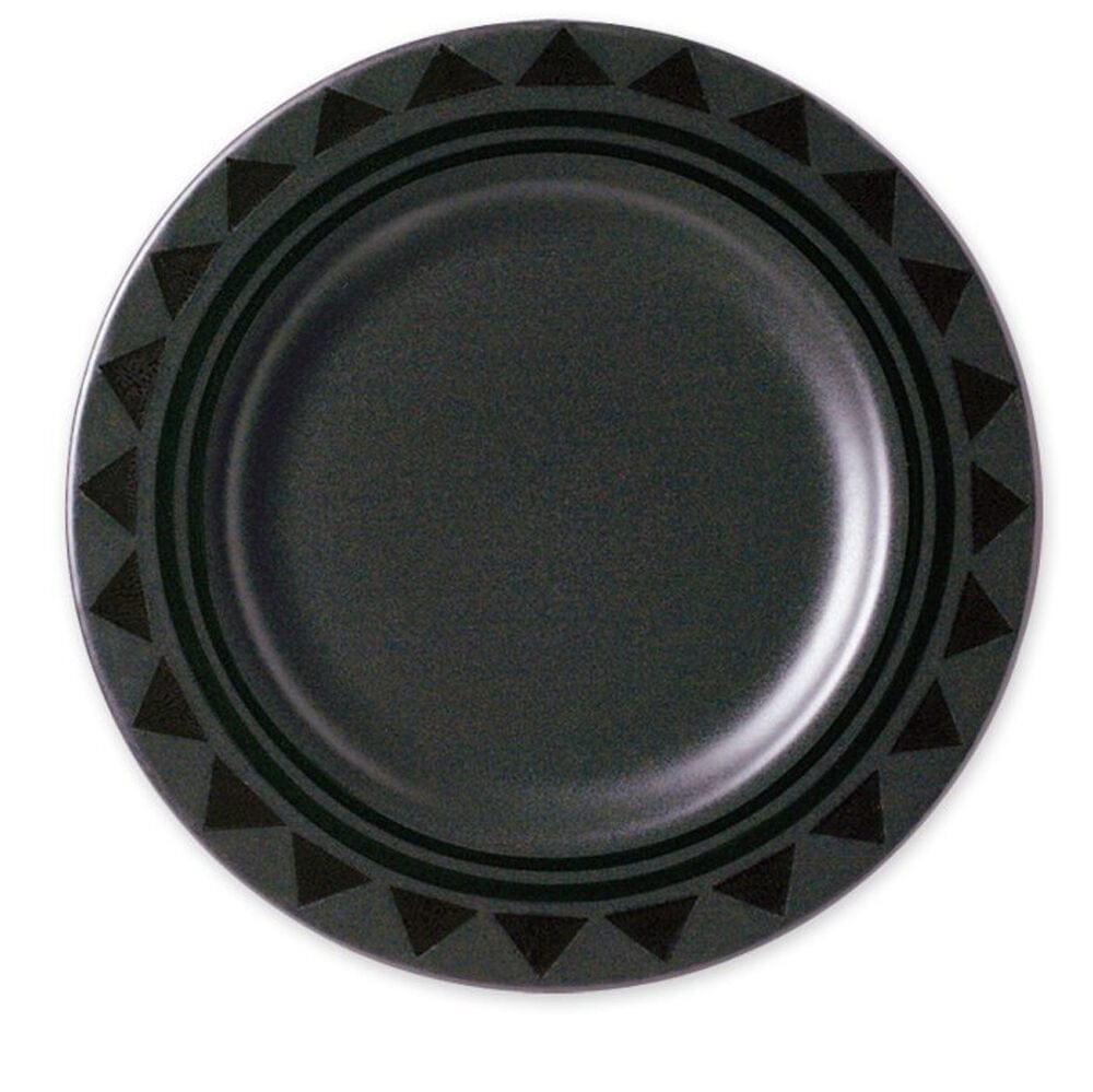 Midnight Sun black dinner plate with a geometric triangular rim pattern