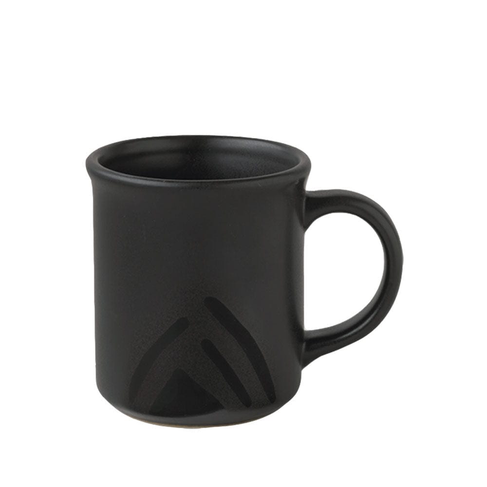 Close-up of a black matte mug with a subtle geometric arc pattern near the base.