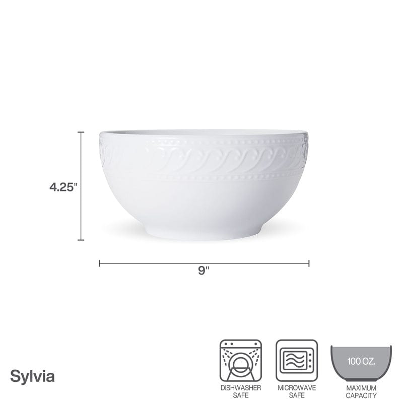 Sylvia Round Vegetable Bowl with 9 inch diameter and 4.25 inch height shown beside care icons.