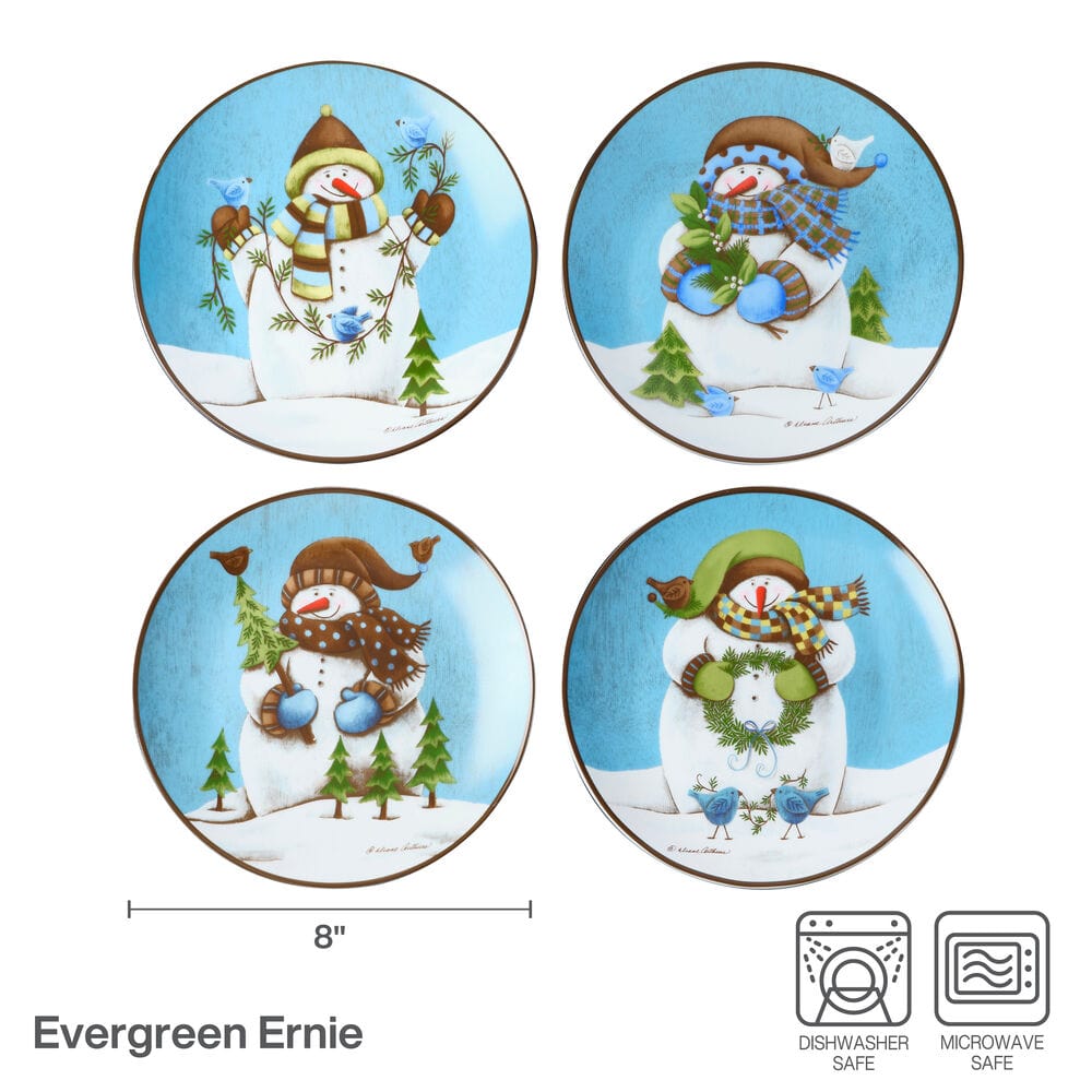 Evergreen Ernie four round salad plates featuring snowmen in winter scenes on blue backgrounds