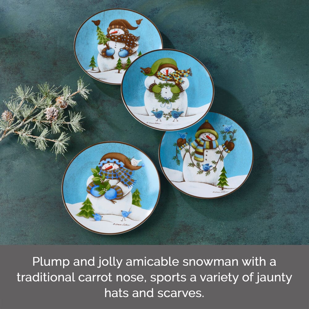 Evergreen Ernie set of four round blue salad plates featuring snowman scenes.