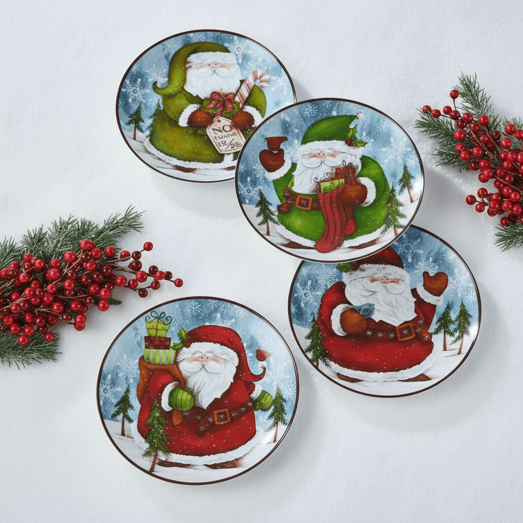 Set of four round Santa salad plates with snowy scenes featuring Santa in green and red outfits with gifts.