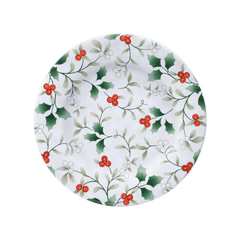 Winterberry melamine dinner plate featuring a holly border with red berries.