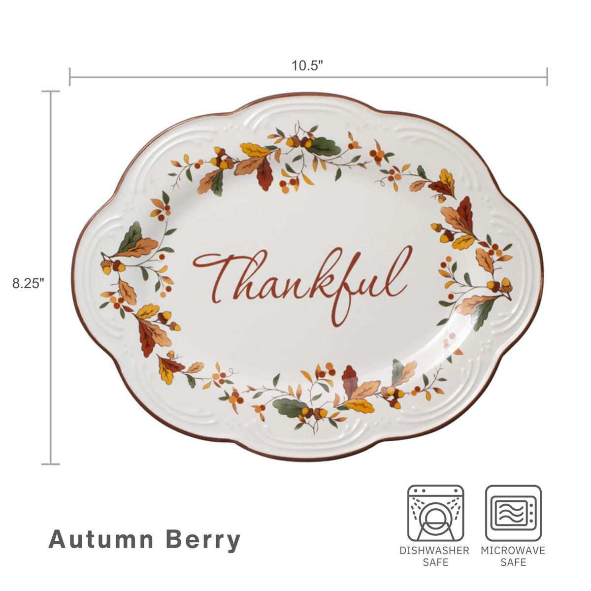 Autumn Berry small oval platter edge close up with leaf border and 10.5 inch size plus dishwasher and microwave safe icons