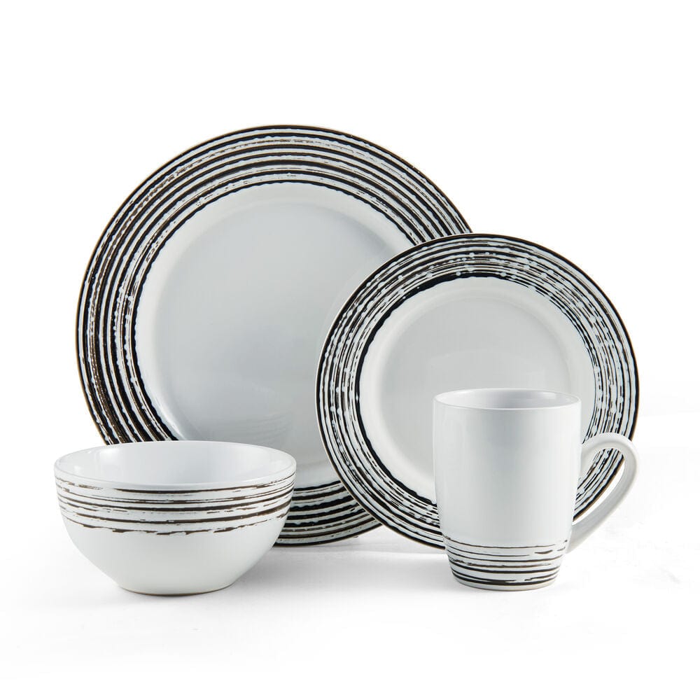 Bryson White 16 piece dinnerware set for four with white dishes and black brushed rim accents