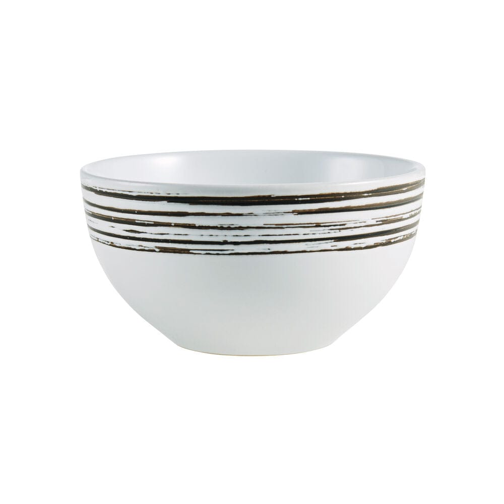 White ceramic bowl with layered black brushstroke bands around the lower exterior.