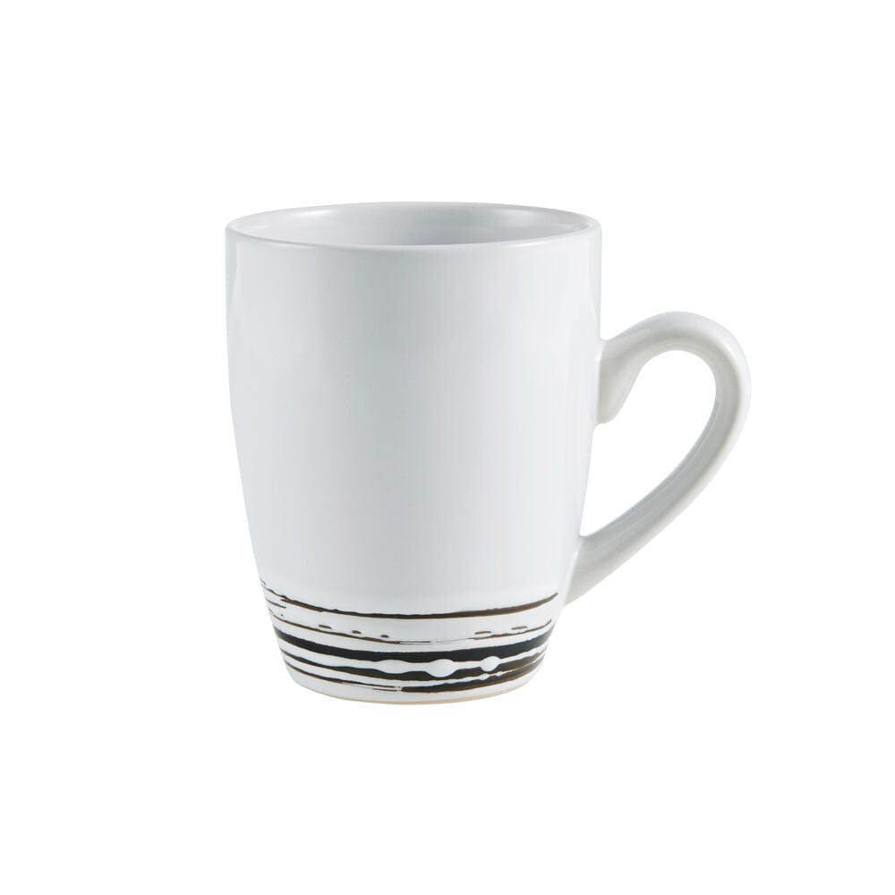 White mug with black brushstroke bands around the lower exterior.