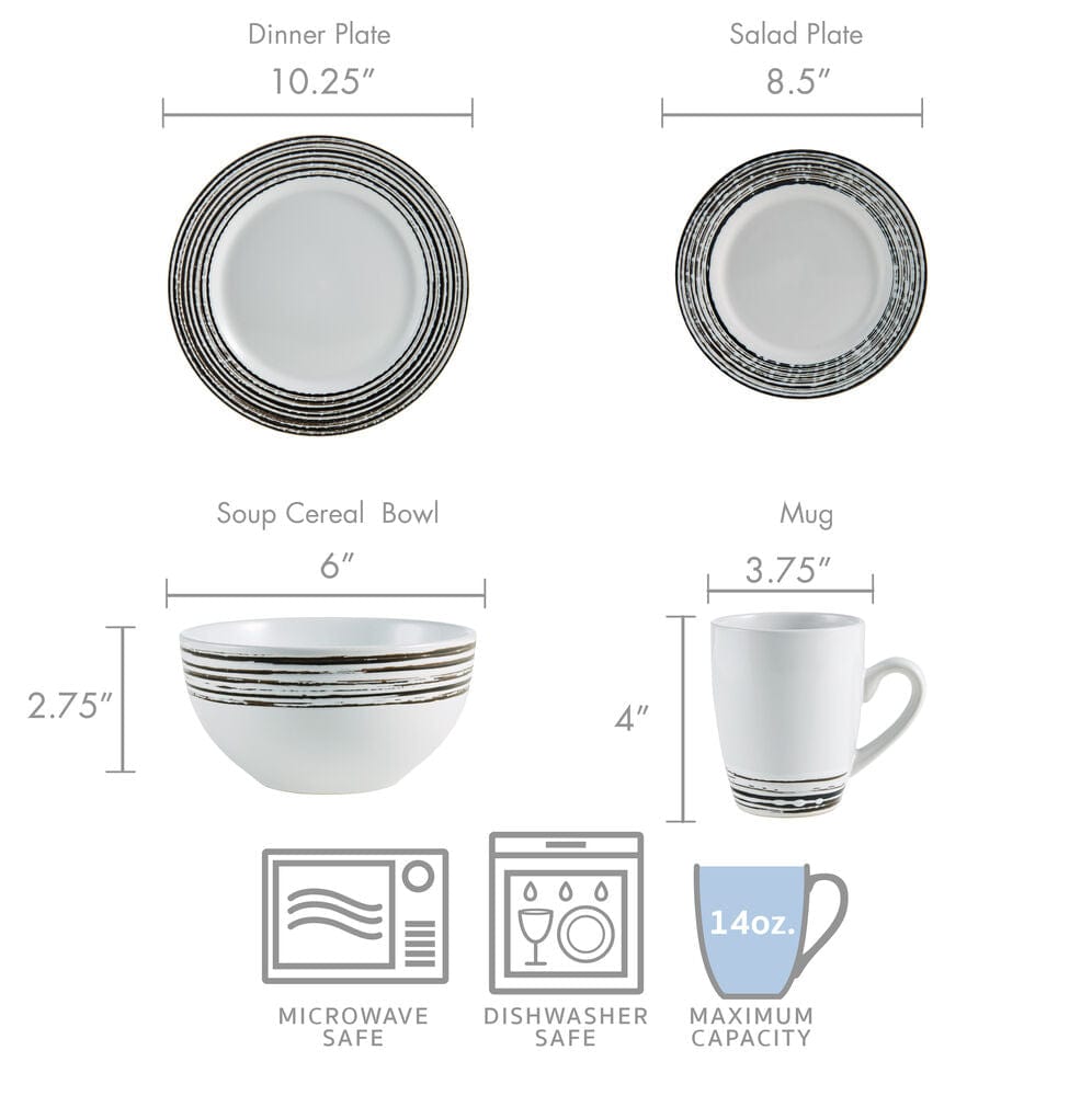 Size guide for Bryson White dinnerware showing dinner plate 10.25 inches salad plate 8.5 inches soup bowl 6 inches and a 14 oz mug with microwave and dishwasher safe icons