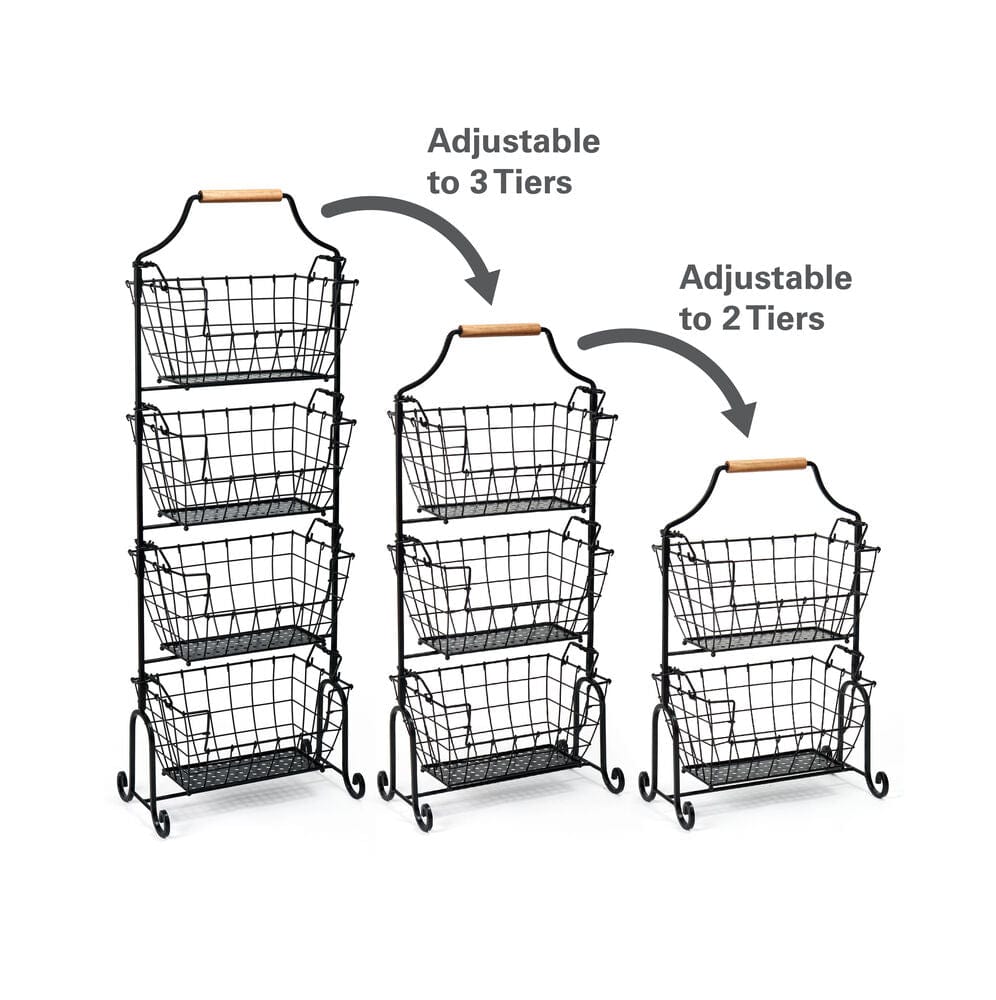 Laguna adjustable storage rack graphic showing two to three tier configurations with black wire baskets and wooden handles