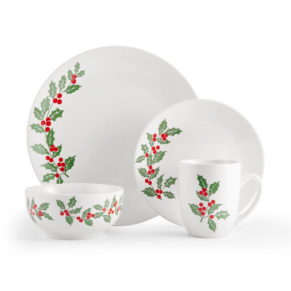Holly Cheer 16 piece dinnerware set for four featuring holly border on plates bowls and mug