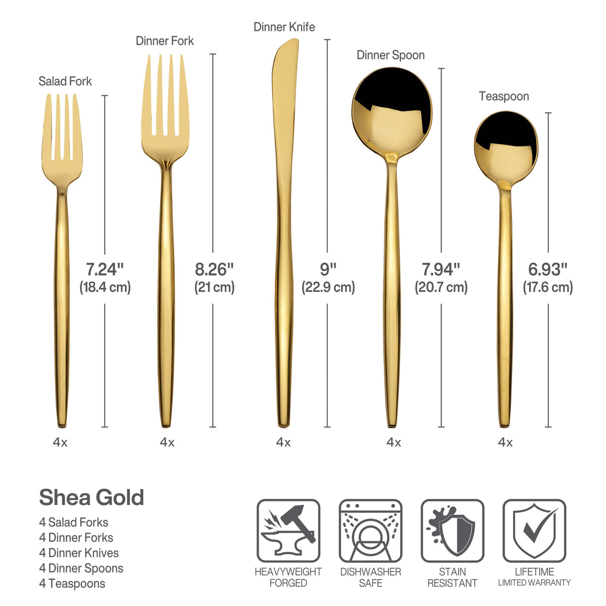 Gold plated Shea Gold Forged 20 piece flatware set for four shown in a row