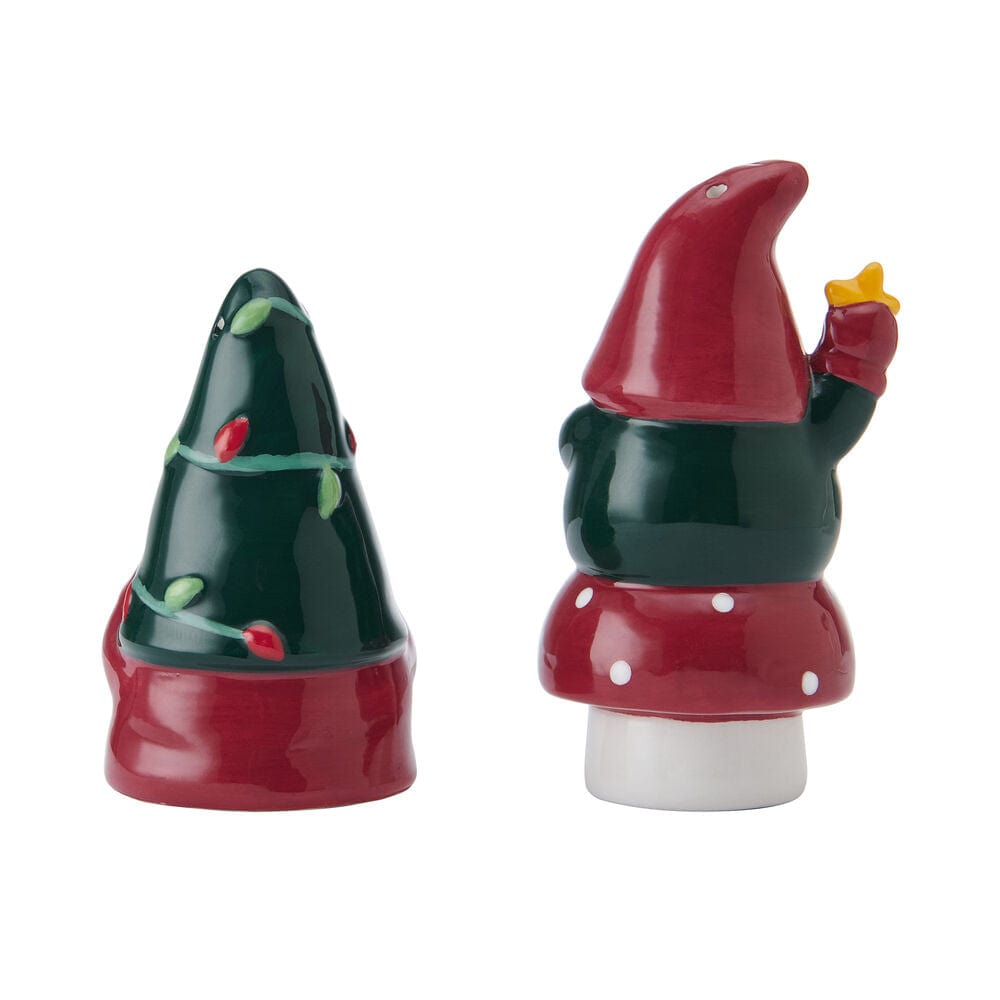 Winterberry salt and pepper set two ceramic gnomes side by side a tree gnome and a gnome holding a star