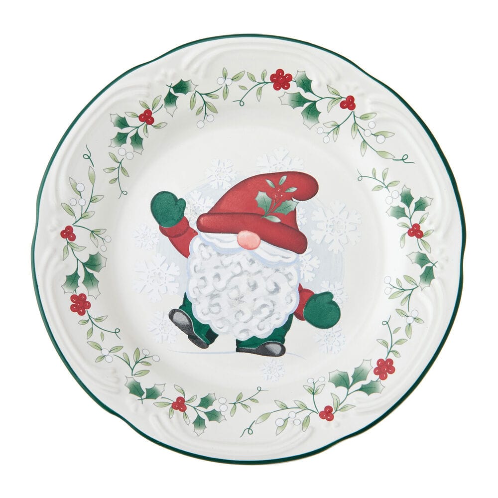 Close-up of Winterberry gnome salad plate showing holly border and a red-hatted gnome at the center