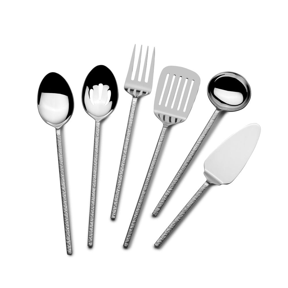 Paragon Forged 6 piece serving set displayed on white background with six pieces spread out showing spoons forks and spatulas