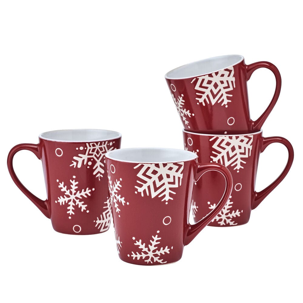 Snow Flurry Red mugs four piece set with white snowflake patterns arranged in a group.