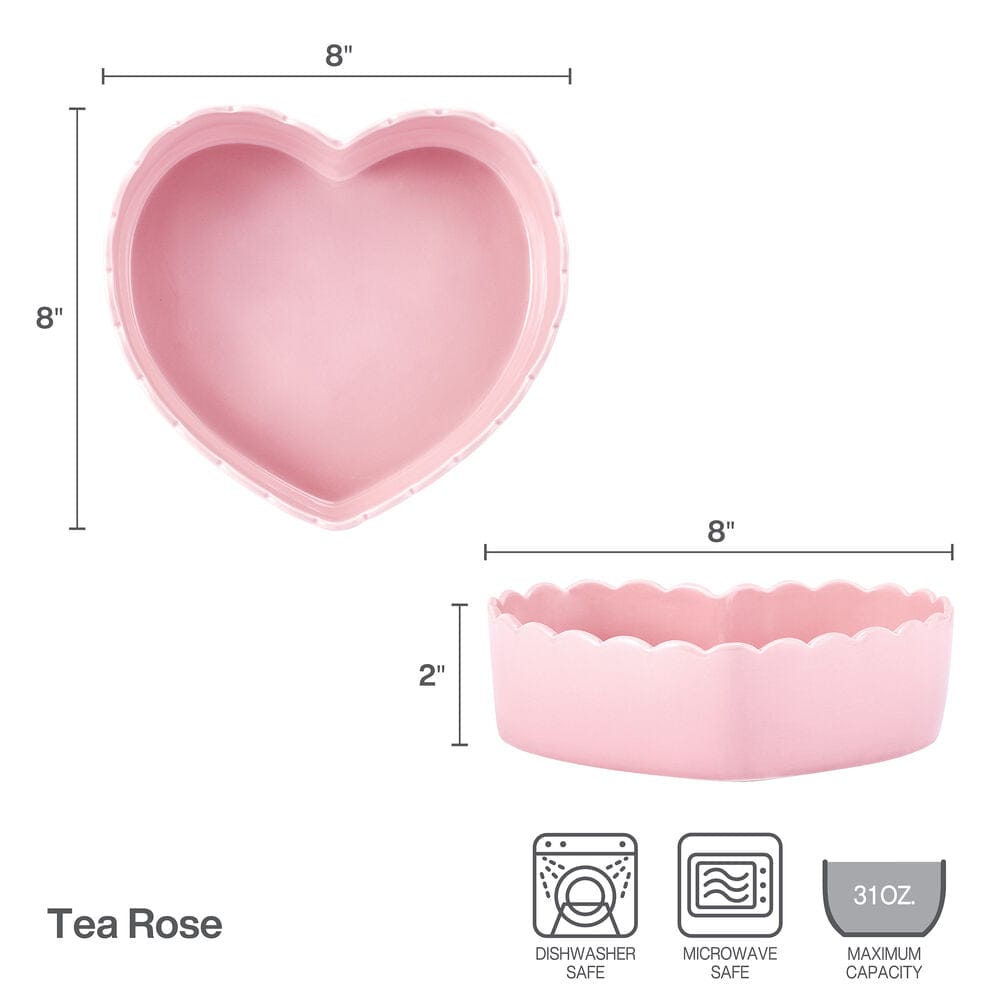 Tea Rose pink heart shaped serve bowl eight inches wide and two inches deep shown with care icons