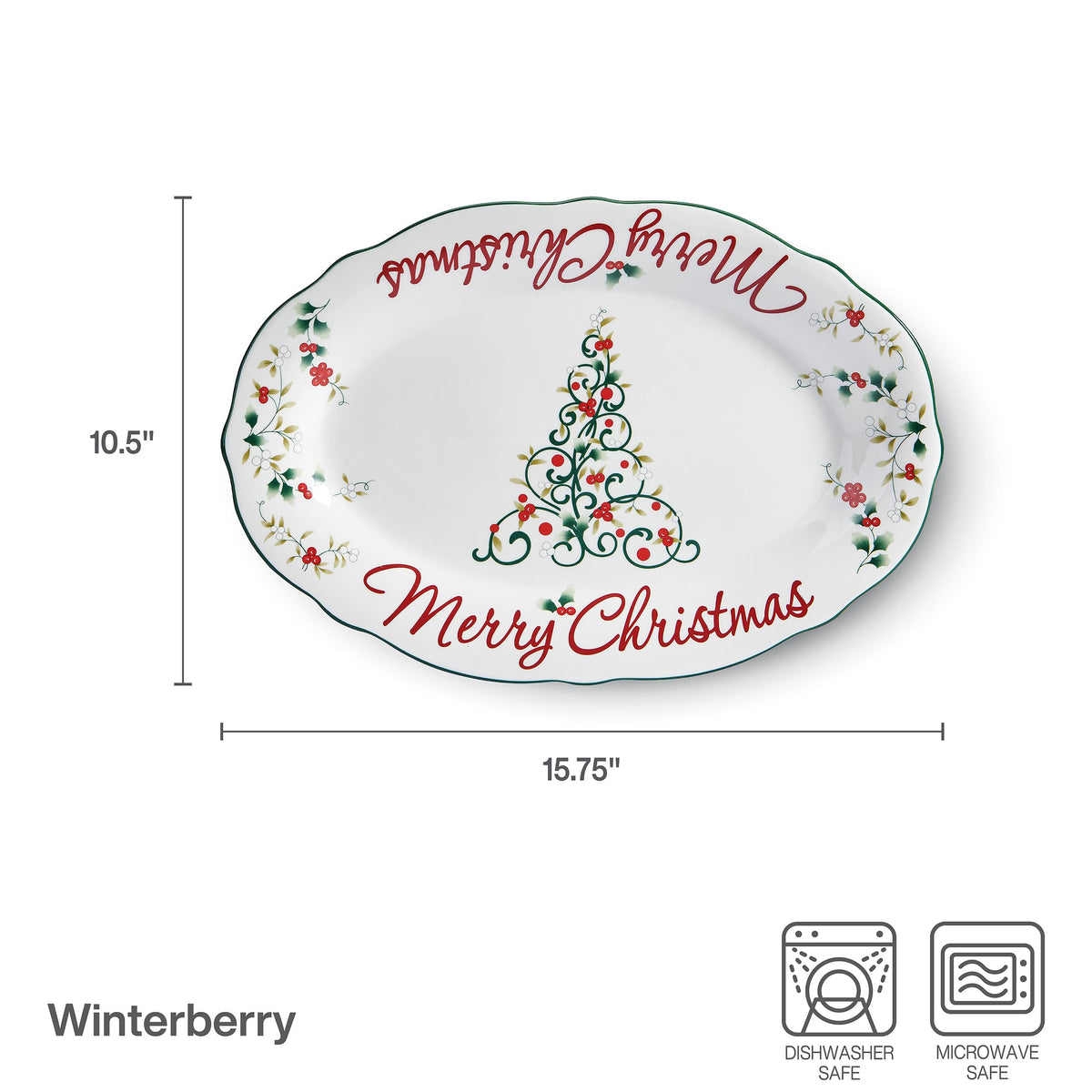 Side view of Winterberry Merry Christmas platter with dimension markers and dishwasher and microwave safety icons