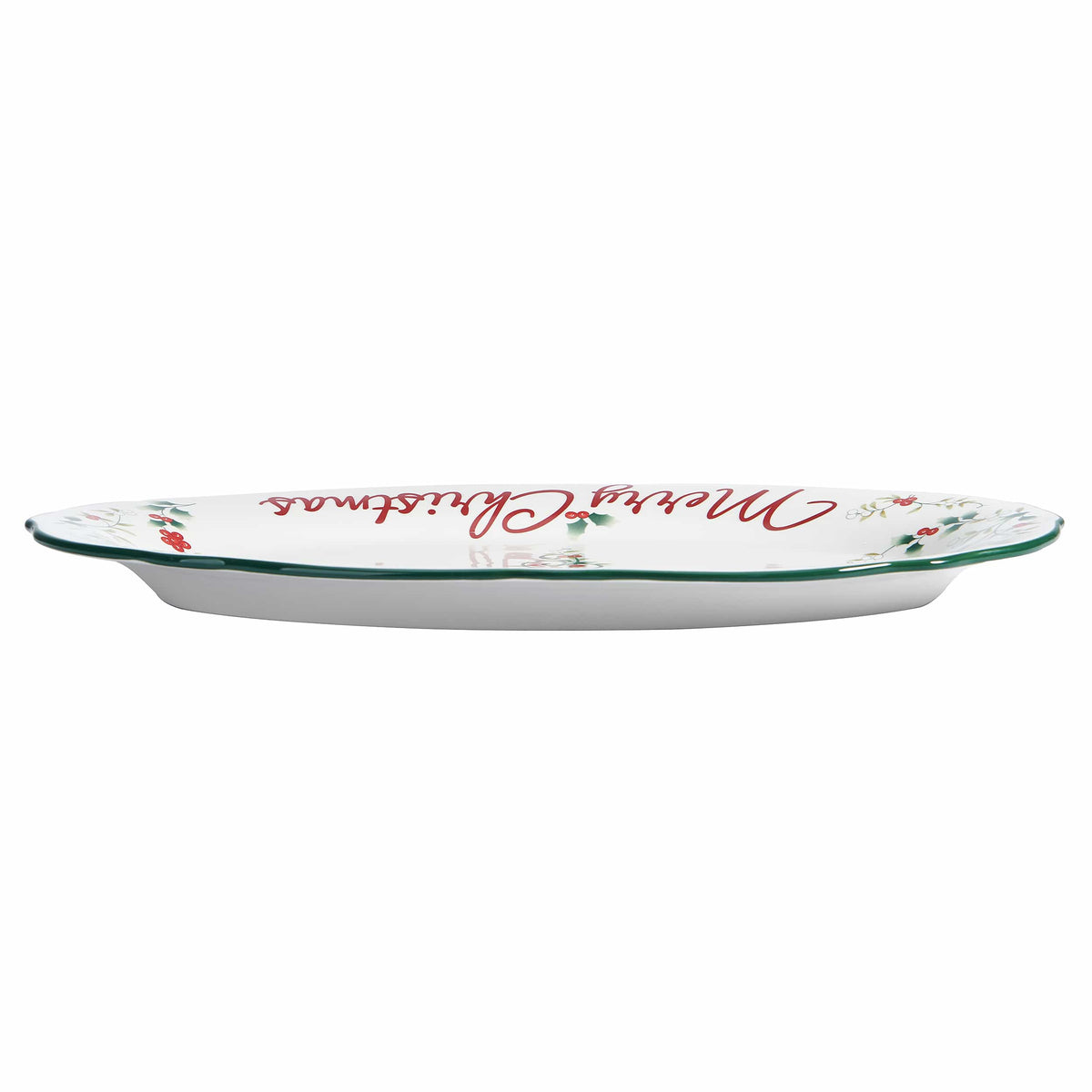 Top view of Winterberry Merry Christmas platter showing holly motifs and red Merry Christmas script across the surface