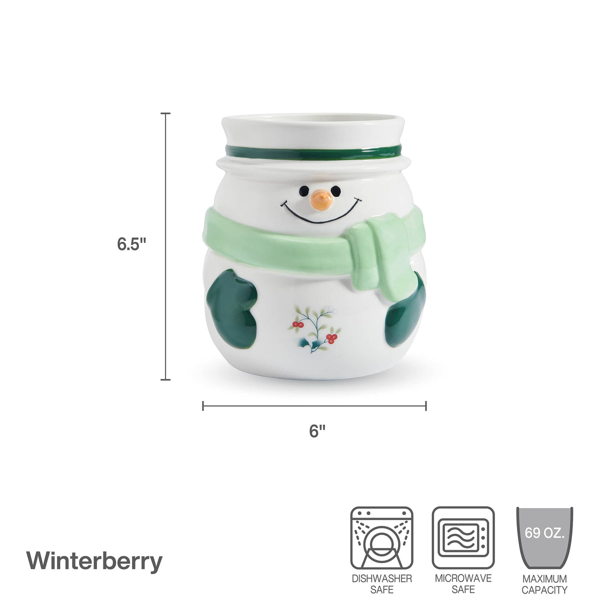 Winterberry Snowman Utensil Gadget Crock top view with white glaze and green band and icons for dishwasher safe microwave safe 69 oz capacity
