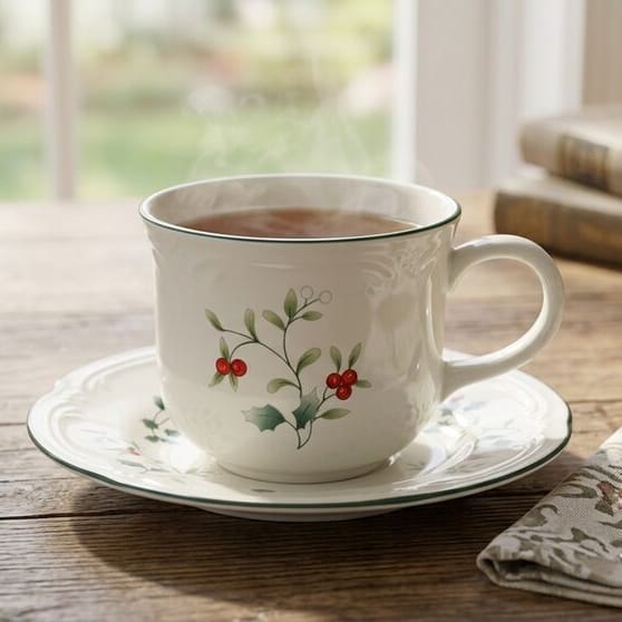 Winterberry tea cup with holly pattern and matching saucer on a wooden table with steam rising from the tea