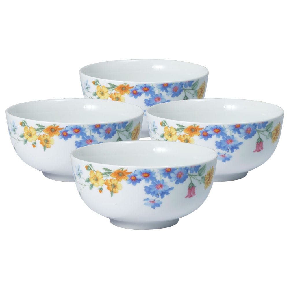 Four white soup cereal bowls with blue and yellow floral bands displayed together