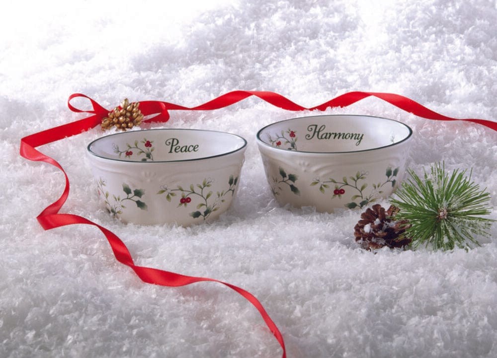 Winterberry set of two sentiment dessert bowls with holly design on snow, labeled Peace and Harmony.