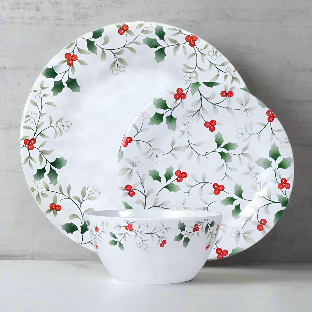 Winterberry melamine dinnerware set with holly pattern on large and small plates and bowl