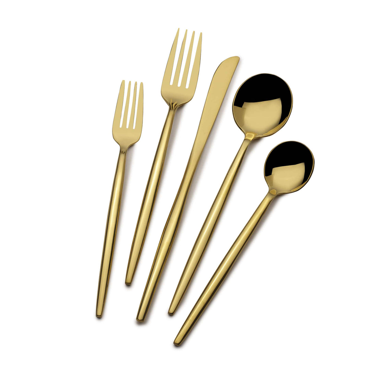 Gold plated flatware assortment including forks spoons and knives arranged in a diagonal fan on white background