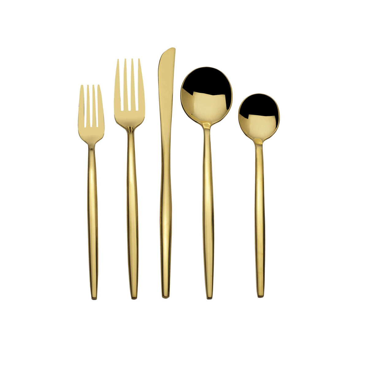 Gold plated Shea Gold Forged 20 piece flatware set for four arranged as a display