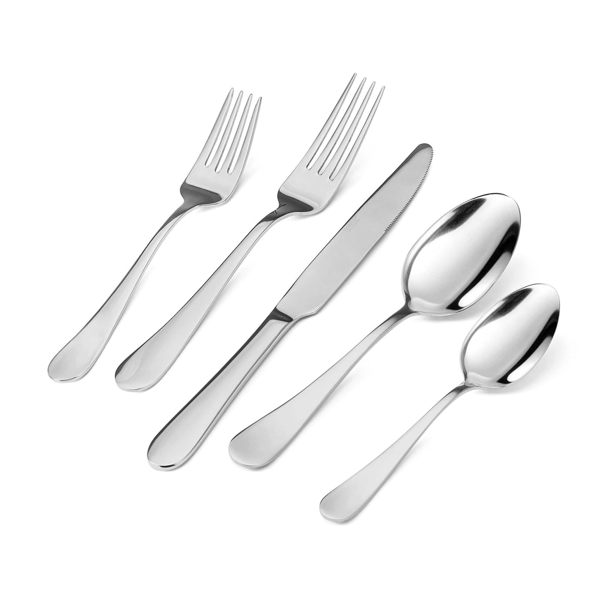 Polished stainless steel forks, knife, and spoon from Basic 42 Piece Flatware Set Service for 8