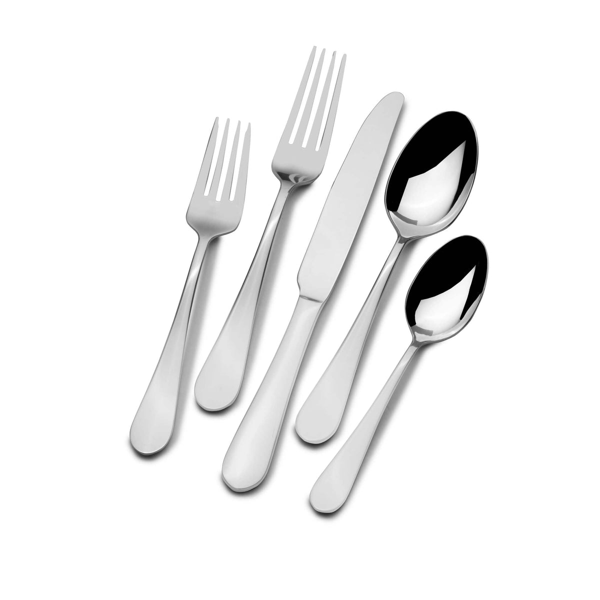 Close up of stainless steel forks knives and spoons on a white background