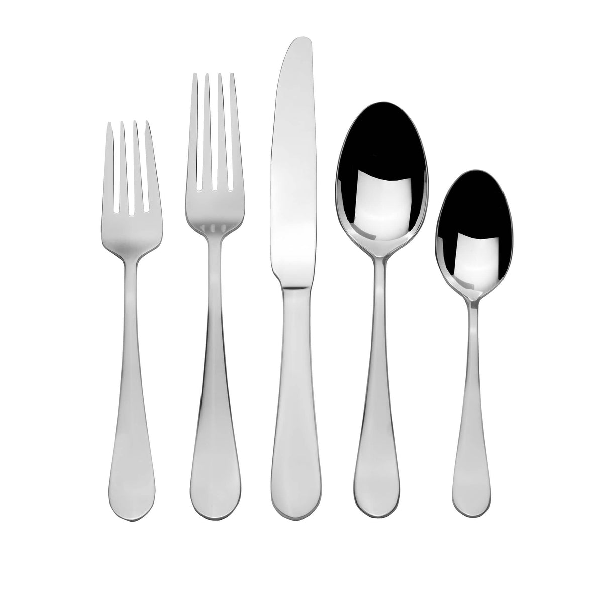 Basic 20 piece flatware set for four with forks knives and spoons arranged against a white background