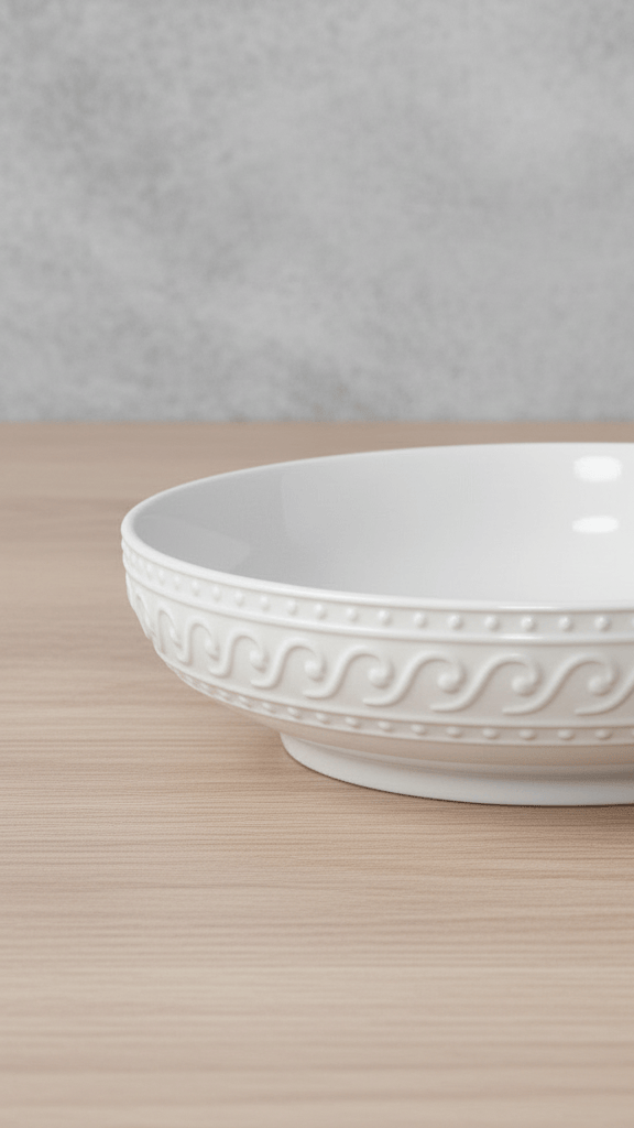 Close-up of Sylvia Pasta Dinner Bowl showing the decorative beaded scroll rim on white ceramic.