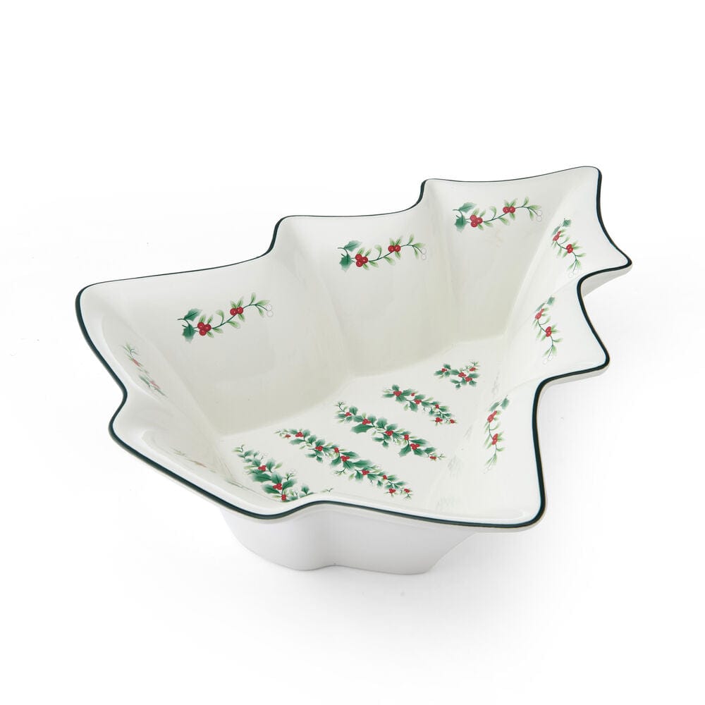 White Winterberry Tree Serve Bowl with holly sprigs and a dark green edge.