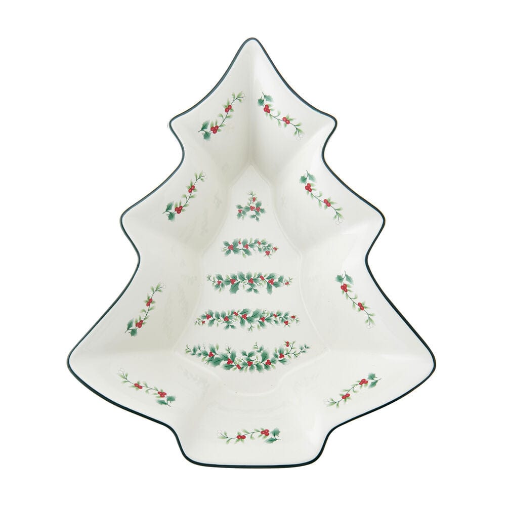 Top view of white ceramic Winterberry Tree Serve Bowl showing holly garlands along the rim.
