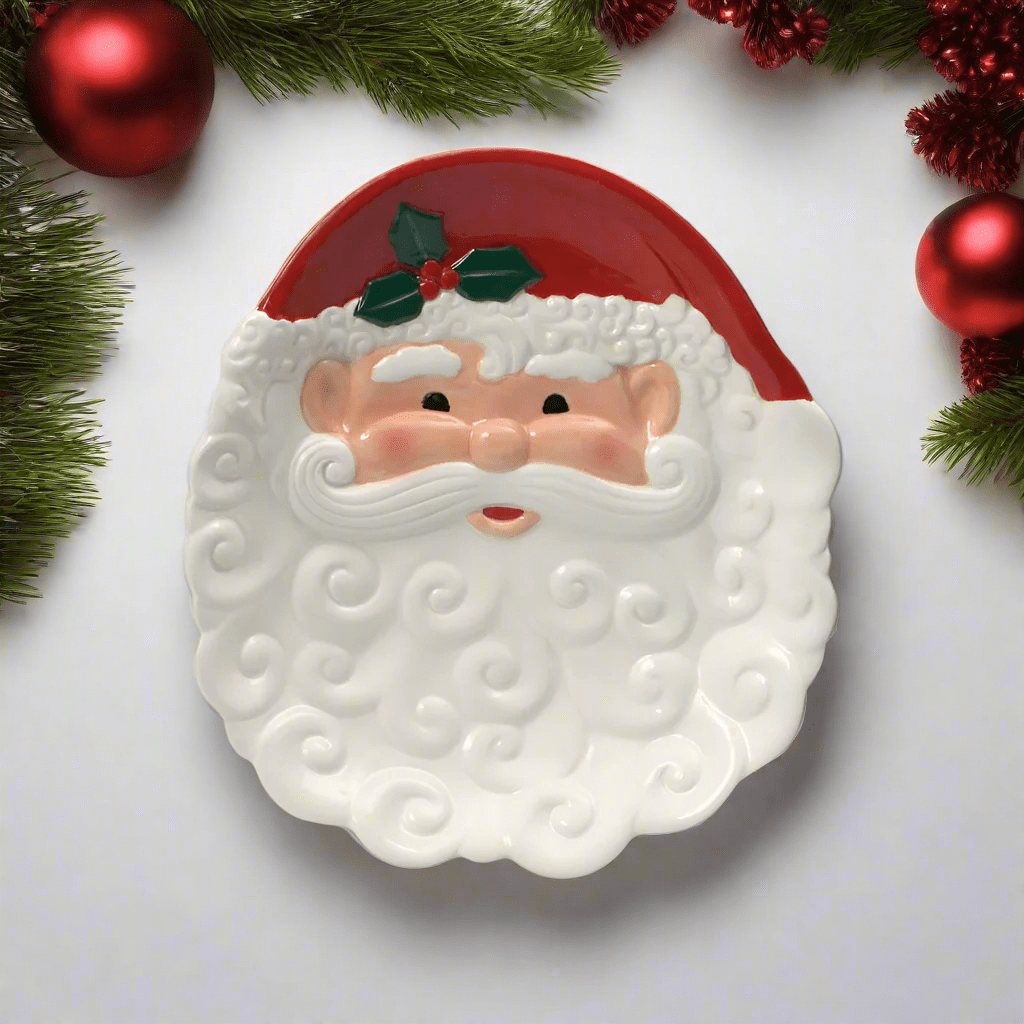 Winterberry Santa figural cookie plate featuring Santa's face with red hat and white beard