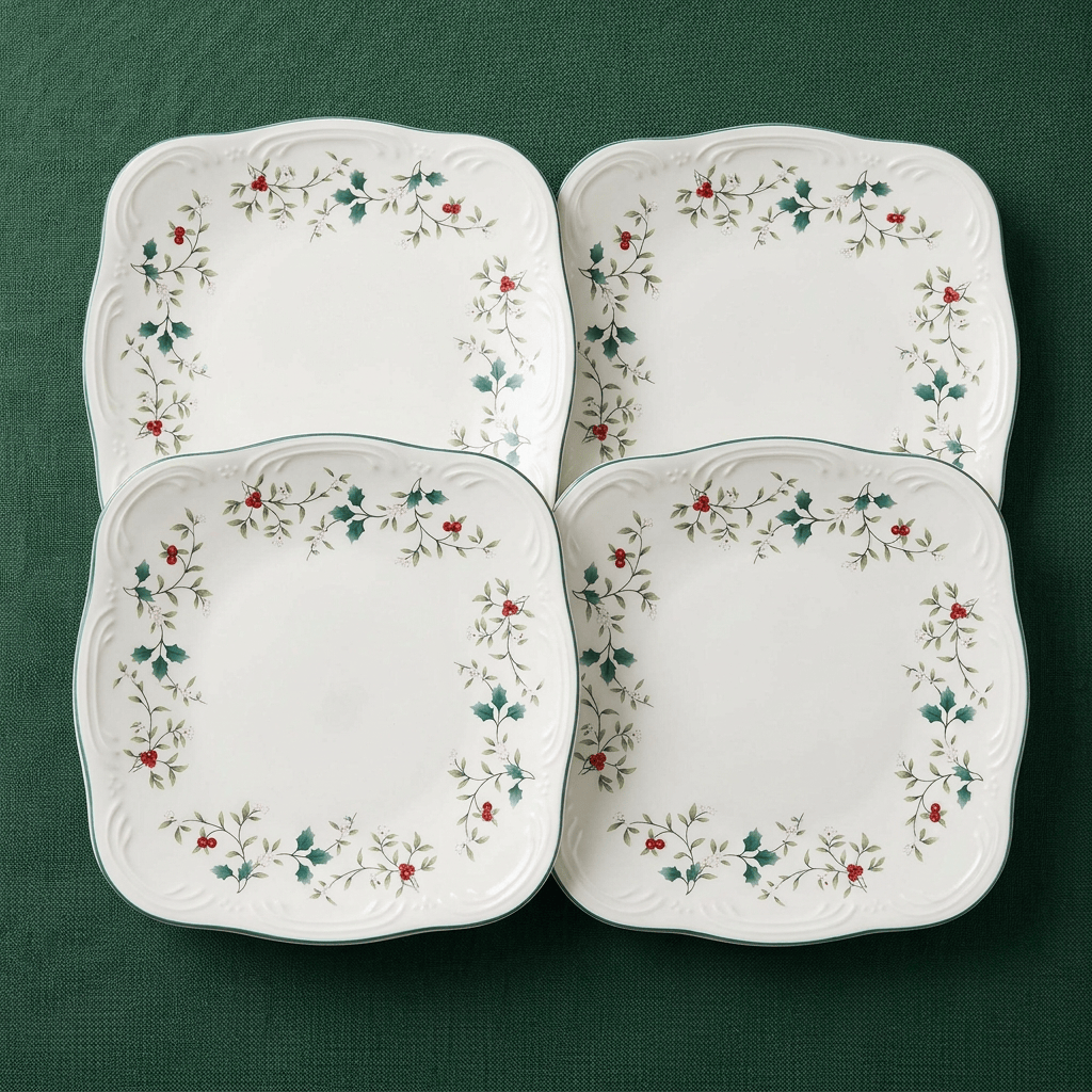 Winterberry four square salad plates with holly border on a dark green backdrop