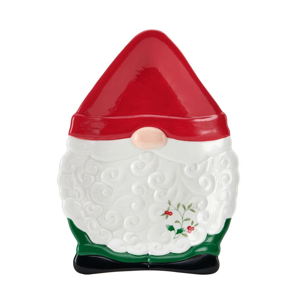 Front view of Winterberry gnome cookie plate with red hat white beard and decorative holly
