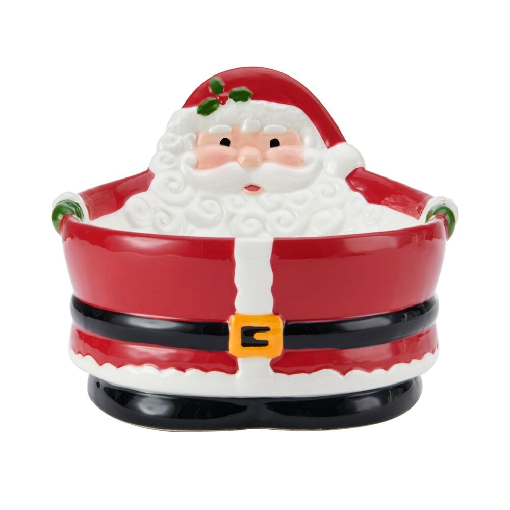 Winterberry Santa figural candy bowl featuring Santa in a red suit with white beard and green gloves.