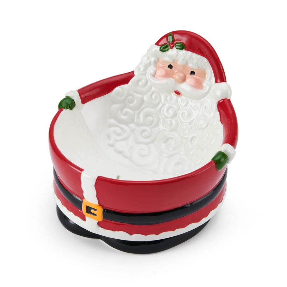 Winterberry Santa figural candy bowl viewed from a side angle, Santa leaning over the red bowl with belt detail.