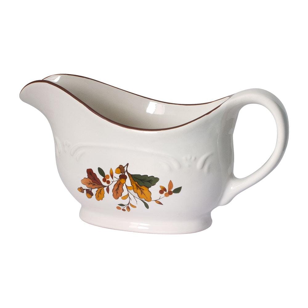 Autumn Berry gravy boat in white ceramic with brown rim and autumn leaf design