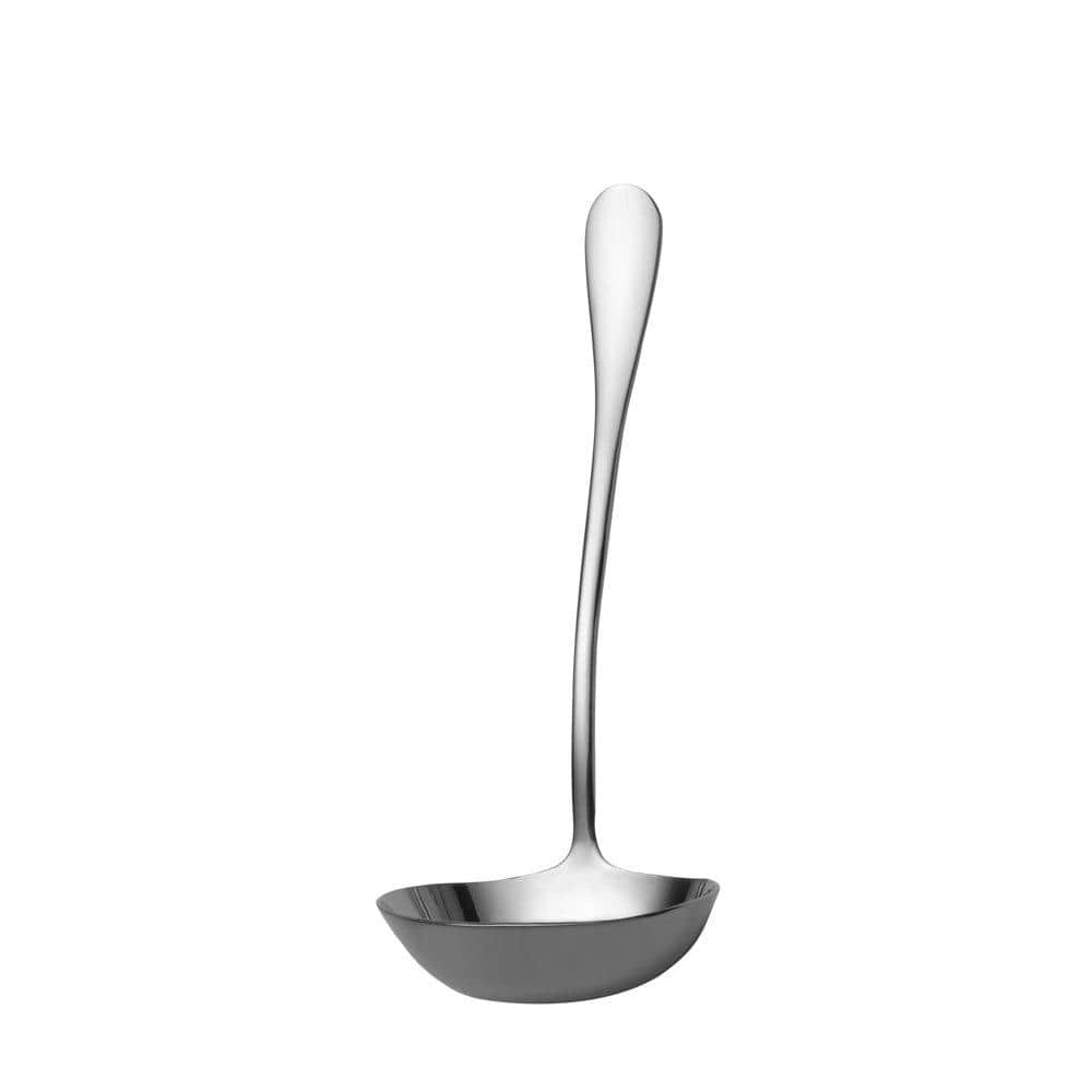 Sleek stainless steel sauce ladle with long slender handle on a white background.