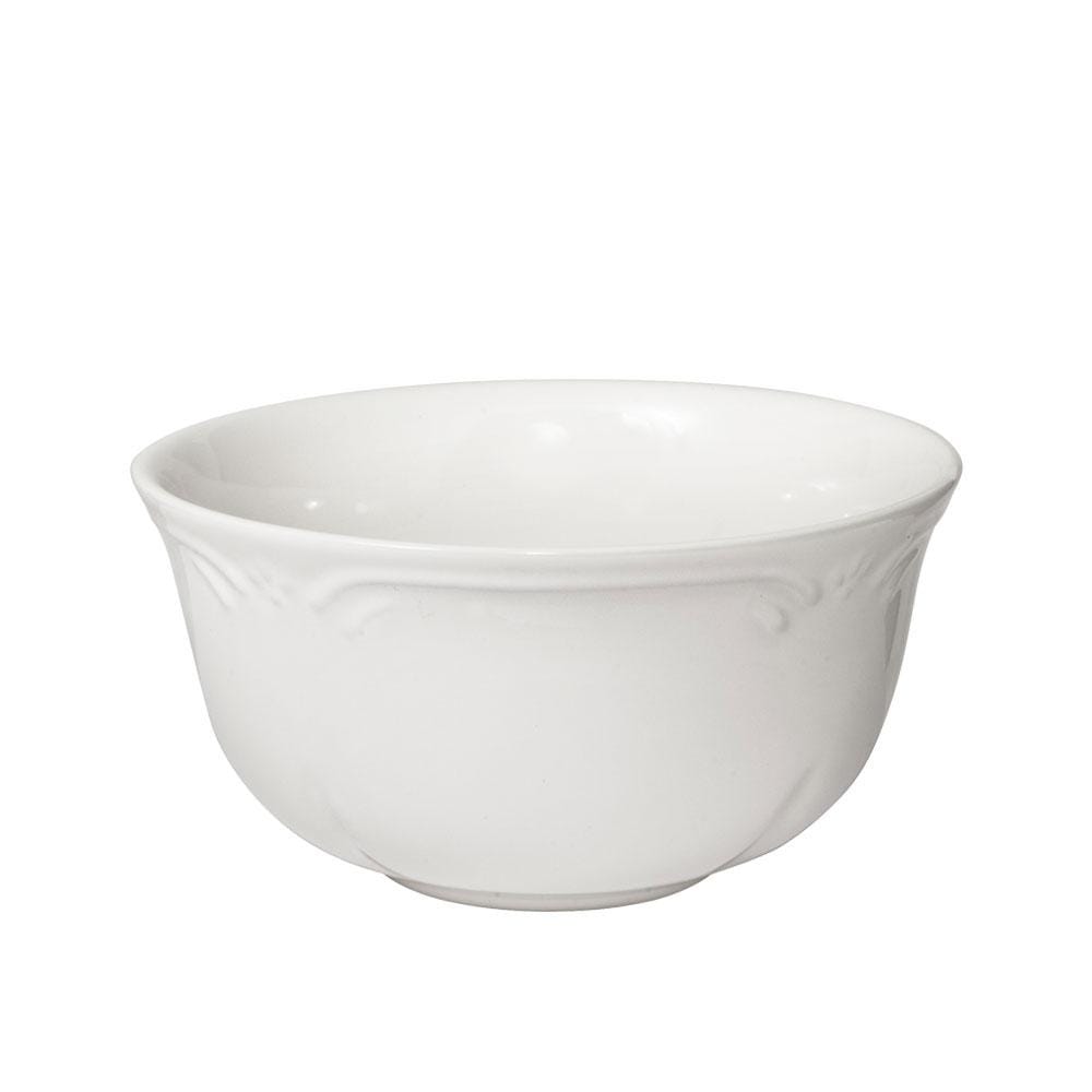 White ceramic deep bowl with filigree rim.