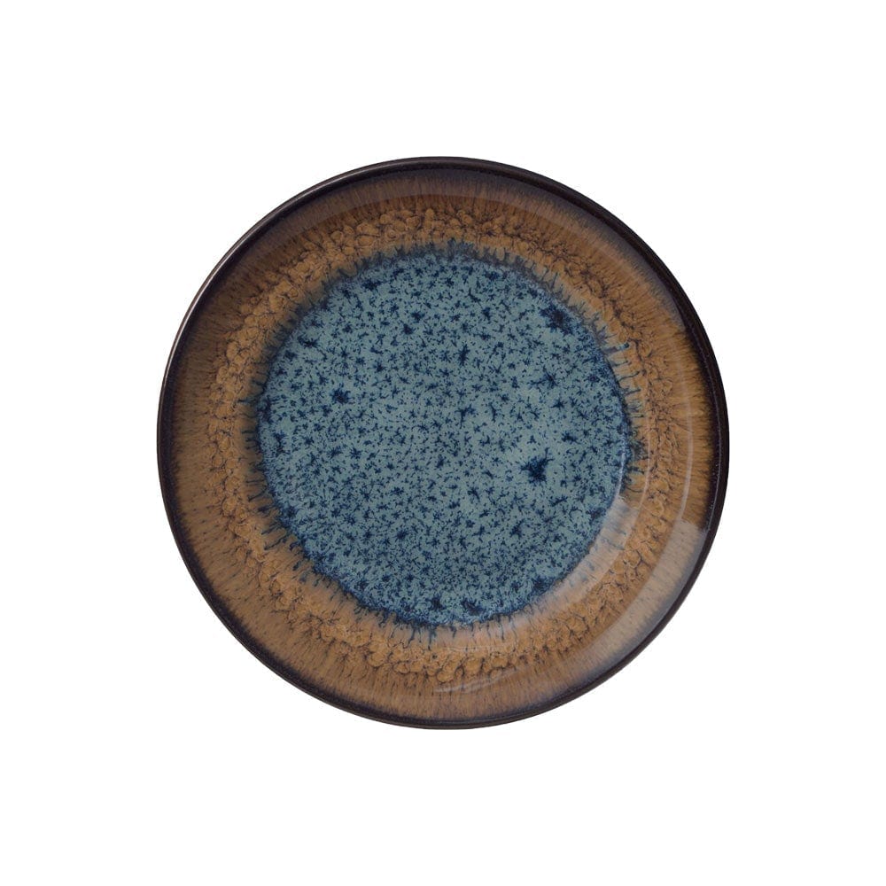 Top-down view of Monroe Blue appetizer plate with a speckled blue center and brown outer rim.