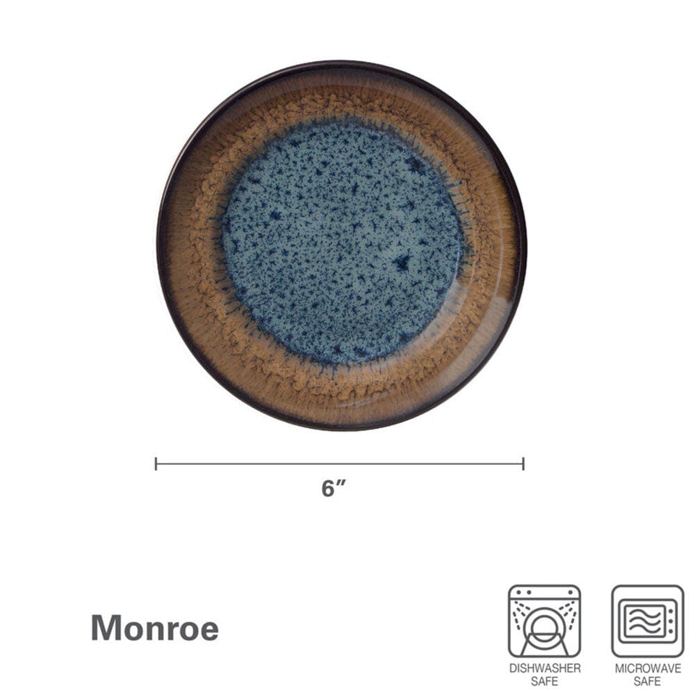 Monroe Blue appetizer plate with speckled blue center and brown rim displayed with a 6 inch measurement beneath.