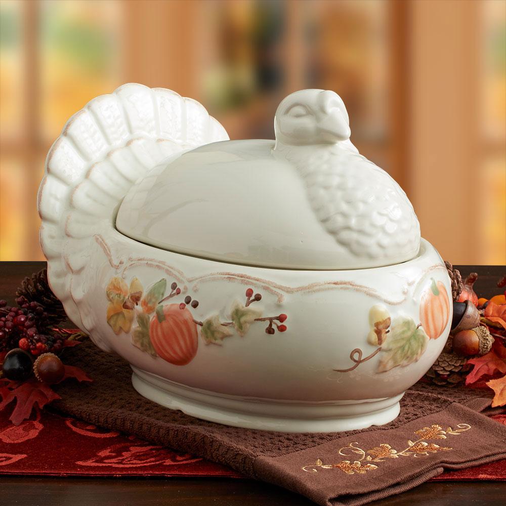 Plymouth Turkey Shaped Covered Serving Dish with a turkey lid and fall pumpkin vine decoration