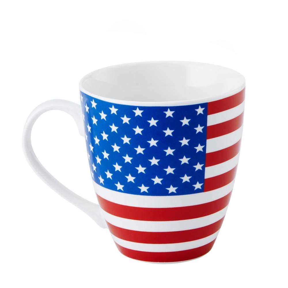 American flag mug with stars and stripes on white ceramic