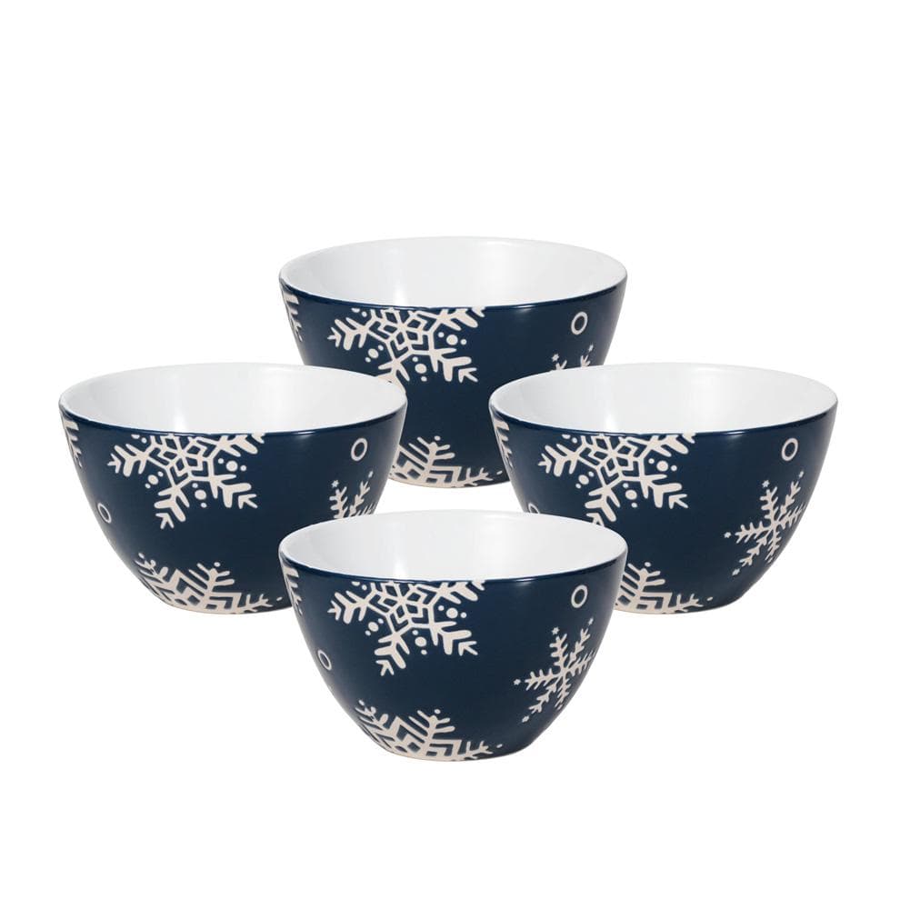 Set of four navy bowls with white snowflake pattern