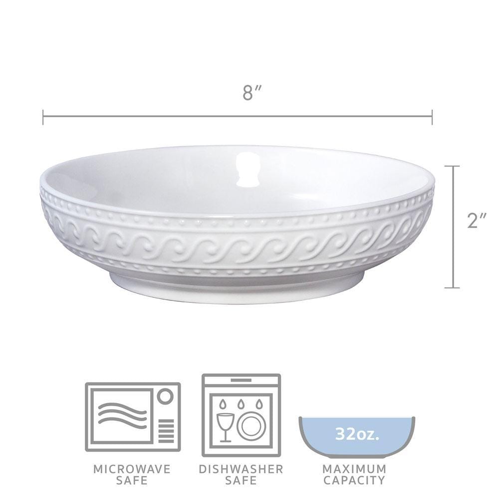 Sylvia Pasta Dinner Bowl, white ceramic 8 inch wide with beaded scroll rim.
