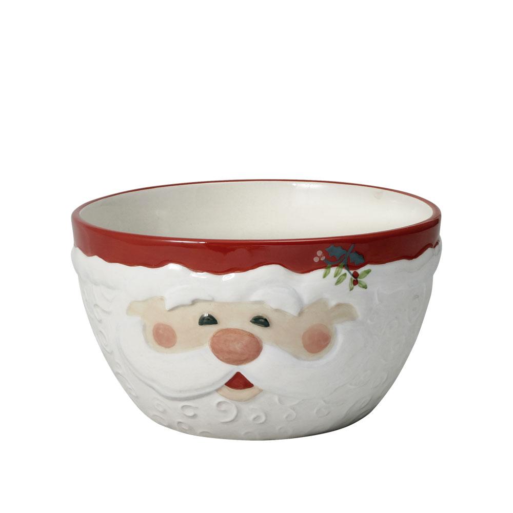 Winterberry Jolly Santa sculpted cereal bowl close up showing Santa face with white textured surface and red rim